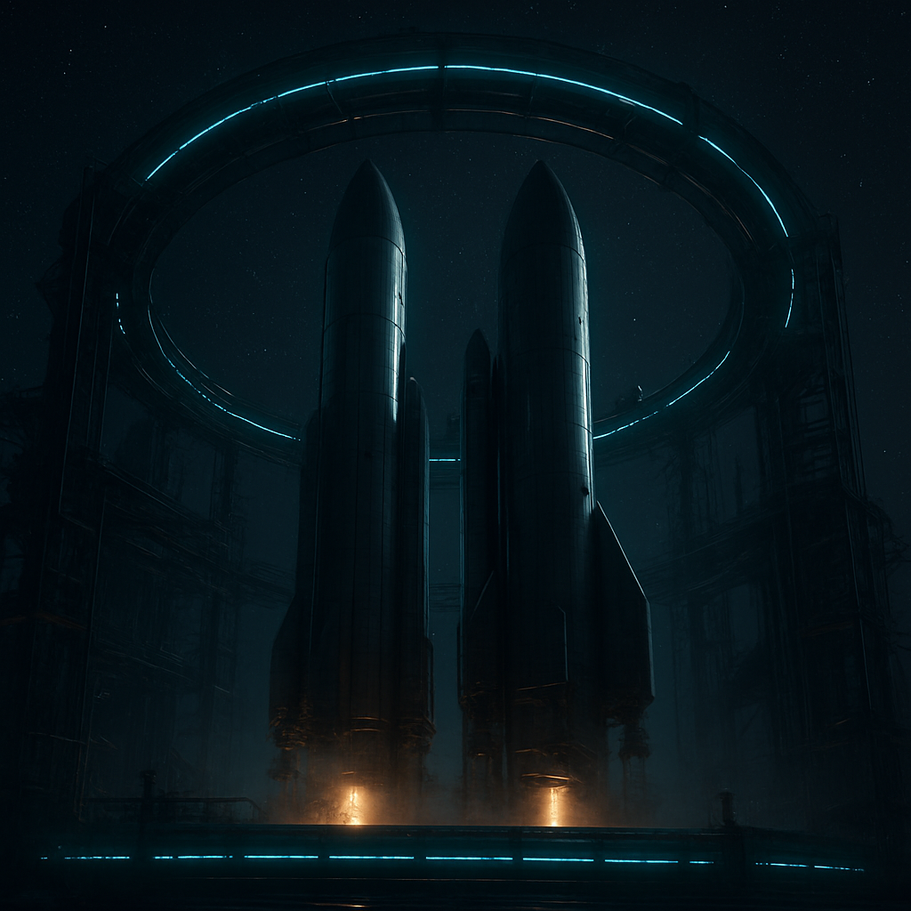 Concept render of the Orbital Rotation Complex with vertical rockets inside a rotating maglev launch structure at night