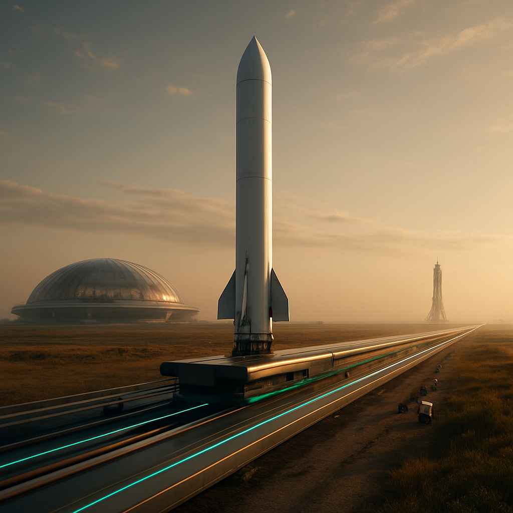 A completed vehicle riding the Orbital Rotation Complex maglev rollout spur at dusk, with the rotational assembly dome and a distant launch tower on the horizon
